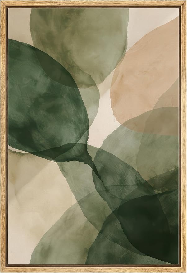 Woodrose Framed Canvas Print Wall Art Abstract Organic Shapes Soft Green and Beige Watercolor Illustrations Modern Art Minimalist 3D Colorful Ultra for Living Room, Bedroom, Office - 16"x24" NATURAL