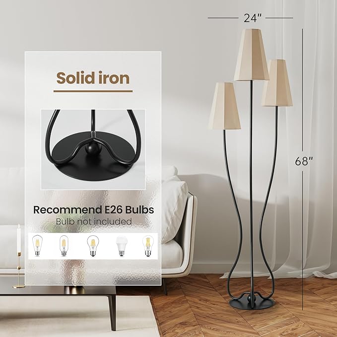 Artistic Vintage Floor Lamp, 3-Light Standing Lamps with Sculptural Curved Iron Base & Octagonal Linen Shades, Statement Lighting for Living Room, Bedroom, Studio