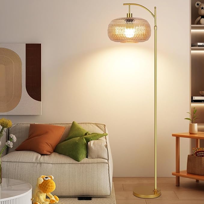 Glass Floor Lamp for Living Room,Bedroom,Gold Mid Century Modern Standing Lamp with Remote,Dimmable Brass Tall Lamp Amber Lamp Vintage Retro Arc Floor Lamps Floor Light Boho Bohemian