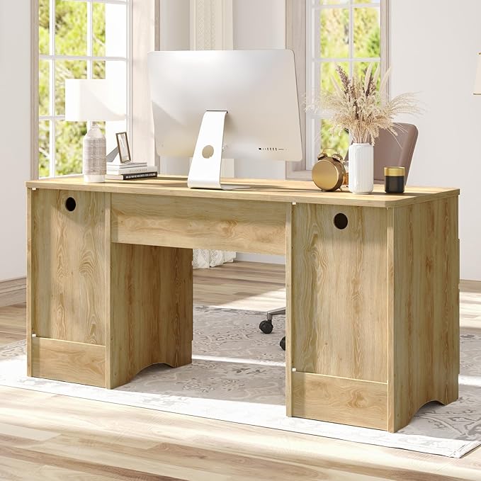 Bestier Computer Desk with Keyboard Tray, 59 inch Office Desk with 4 Drawers, Modern Home Office Desk with File Drawer (Natual Oak, 59" W with Double-Sided Drawers)