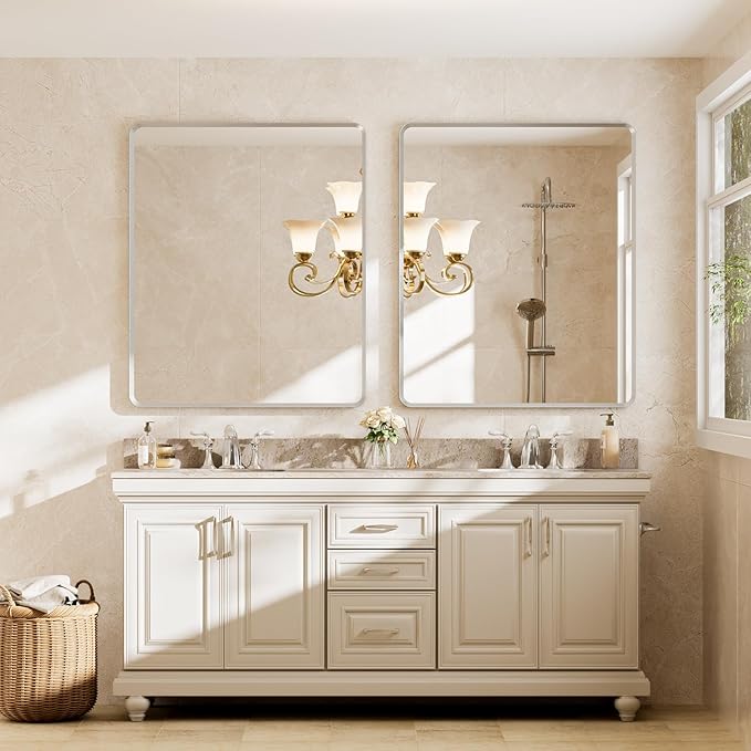 Bathroom Mirror, Rounded Rectangle Wall Vanity Mirror, Metal Framed, Tempered Glass, Shatter-Proof, Vertical or Horizontal Hanging, 30 x 36 Inches, Brushed Nickel Silver