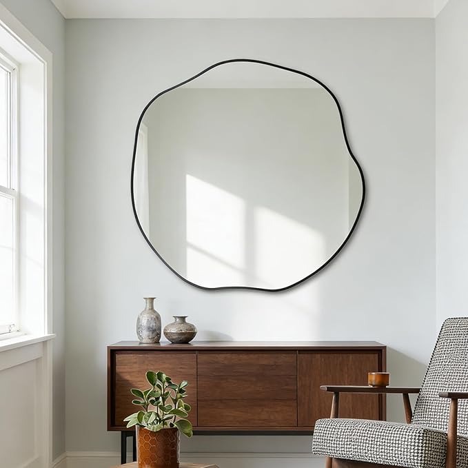 POZINO Irregular Mirror, 35" Large Asymmetrical Circle Mirrors, Black Scalloped Rounded Mirror, Modern Frameless Abstract Mirrors for Living Room Bedroom Bathroom Entryway Hallway Fireplace