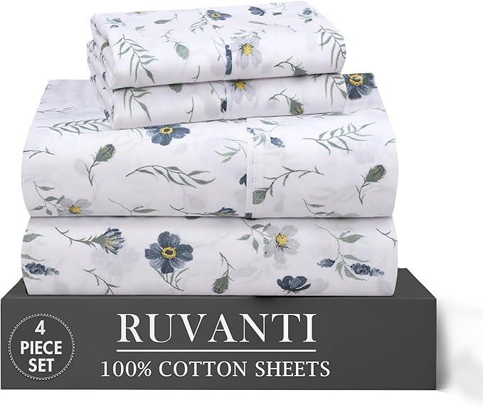 RUVANTI 100% Cotton Percale Sheets Twin XL Size 4 Piece Set, Cooling Bed Sheets for Hot Sleepers, Deep Pocket 16”, Breathable Lightweight & Durable, Crisp Hotel Style Sheets, Coastal Blue
