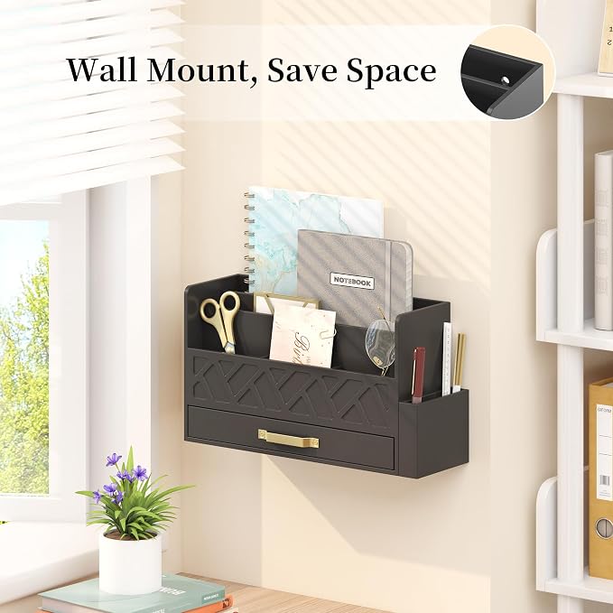 Wisuse Desk Mail Organizer with Drawer - Bamboo Wooden File Bill Sorter Storage Box for Desktop, Letter Countertop Holder for Home Office School Organization Tabletop Accessories Supplies (Black)