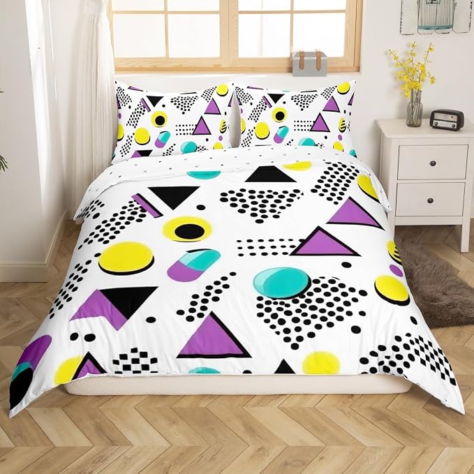 Retro 80s Style Bedding Set Twin,Abstract Geometric Pattern Duvet Cover Urban Modern Design with Circles and Triangle Comforter Cover Colorful Pop Art Inspired Pattern Quilt Cover for Boys Child