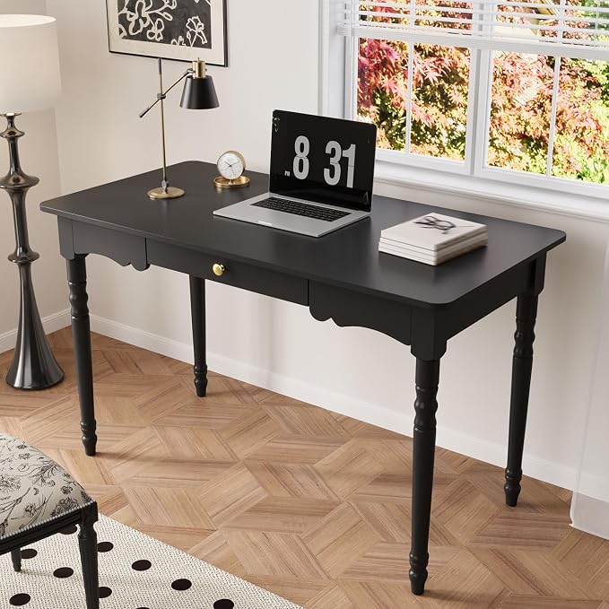 Timechee 47 inch Study Computer Desk, Black Office Work Desk with a Storage Drawer for Bedroom, Mid-Century Modern Computer Study Writing Table with Roman Column Legs for Home Office, Living Room