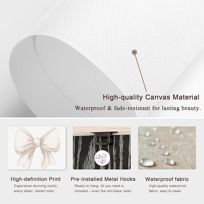 PicturePerfect Decor Set of 3 Bow Shaped Canvas Wall Art, 16x24Inch Framed Prints - Cream Ribbon for Girls Bedroom Nursery Living Room Dressing Room, Minimalist Home Decor with Light Wood Frame