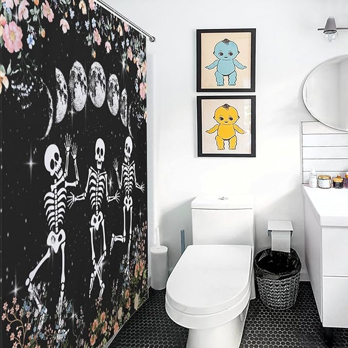 Skull Skeleton Flower Moon Shower Curtain Gothic Moon Phase Scary Horror Black Spooky Flower Holiday Waterproof Shower Curtains for Bathroom Decor 12 Pack Hooks 55x72in（140x183cm）