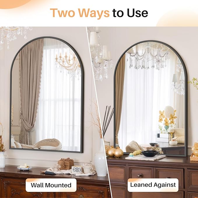 Bathroom Mirror for Wall, 38x26 Inch Arched Mirror, Matte Black Metal Framed Bathroom Vanity Mirrors for Restroom Farmhouse, Anti-Rust, Tempered Glass, Hanging or Leaning