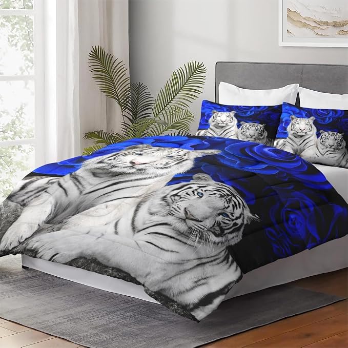 WeCozy Queen Size Comforter Set with 2 Pillowcases, White Tiger Animal Cat 3 Pcs Bedding for Kids and Adults, Blue Rose Flower Background Soft Comforter Set for Bedroom Bed Decor