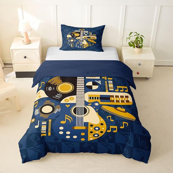 Erosebridal Retro Music Duvet Cover Twin for Boys Men - Abstract Instruments Guitar Bedding Set Vinyl Record Rock Roll Comforter Cover,Checkered Musical Notes Bed Set