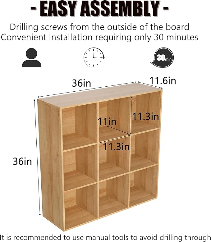 Wooden 9 Cube Storage Organizer with Closed Back Panel,White Cube Shelf Cubby Storage Organizer with Compartments for Living,Bookshelf, Easy to Install (Oak, 9 Cube-11in)
