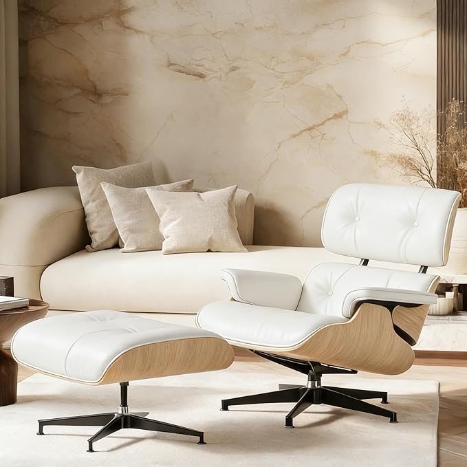 Mid-Century Genuine Top Grain Leather Chaise Lounge Chair & Ottoman, Solid Oak Wood Base, Classic Modern Armchair for Living Room
