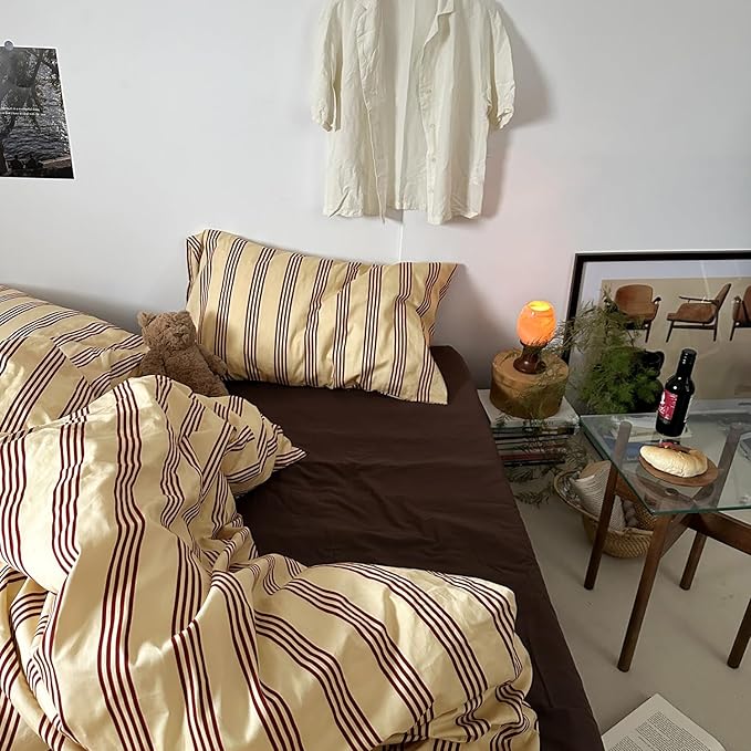 mixinni Retro Striped Duvet Cover Set California King - 100% Natural Cotton 3-Piece Vintage Red Stripes Pattern Printed Bedding Set, Soft Breathable Comforter Cover with Zipper Closure & Corner Ties