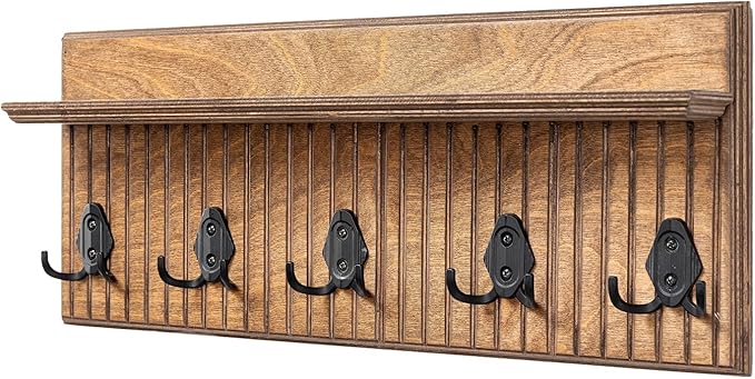Rustic Wall Mounted Coat Rack with Shelf Wooden Entryway Organizer with 5 Metal Hooks for Coats Hats Towels Keys Floating Storage Shelf for Bathroom Bedroom (Walnut, 24 inch Striped (4 Hooks))