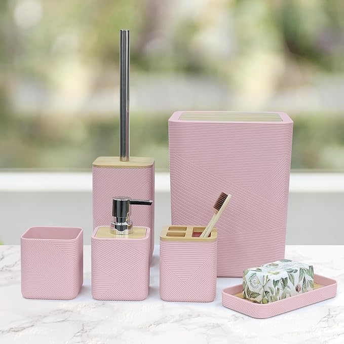 CERBIOR Bathroom Accessory Set with Shower Curtain, Includes Shower Curtain,Soap Dispenser, Toothbrush Holder, Toothbrush Cup, Soap Dish for Decorative Countertop and Housewarming Gift,Pink,20PC