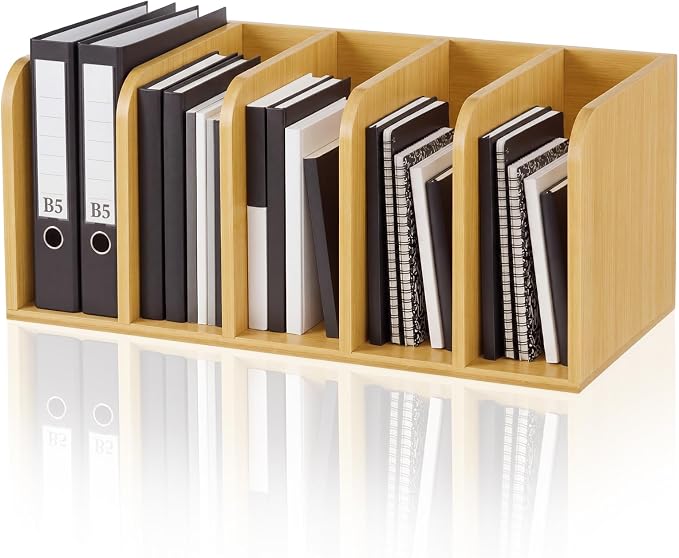 Novabright Bamboo Magazine File Holder Desk Organizer, 5 Vertical Compartments Workspace Sorters for Magazines, Binders, Notebooks, Envelopes