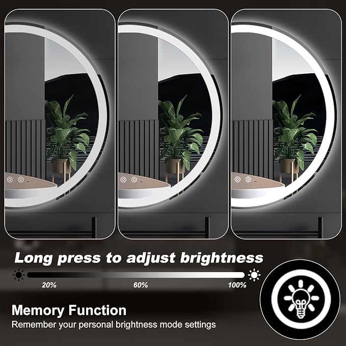 Sweetcrispy 28-Inch Round LED Bathroom Backlit Mirror with Lights, Circle Vanity Mirror with Anti-Fog, Dimmable, 3-Color Light, Memory Function, Tempered Glass
