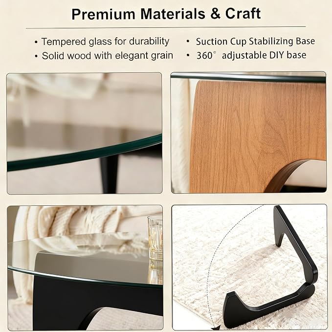 Coffee Table Glass, mid Century Modern Black Coffee Table with Brown Glass Top & Wood Legs, Compact Abstract Center Tables for Living Room, Home, Small Space