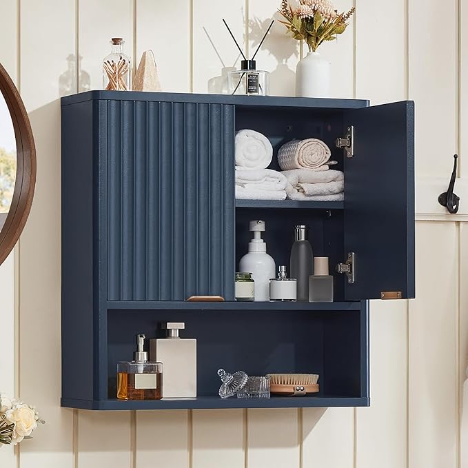 LEYAOYAO Fluted Bathroom Wall Cabinet, Wall-Mounted Medicine Cabinet with Adjustable Shelf & Doors, Farmhouse Floating Over The Toilet Storage Cabinets for Laundry Room, Kitchen, Living Room (Blue)