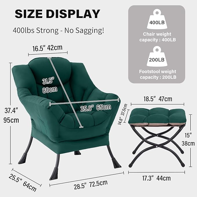 Tiita Lazy Chair, Green Modern Large Accent Armchair, Comfy Leisure Sofa Reading Chair for Bedroom, Living Room, Dorm Rooms, Garden and Courtyard, Green