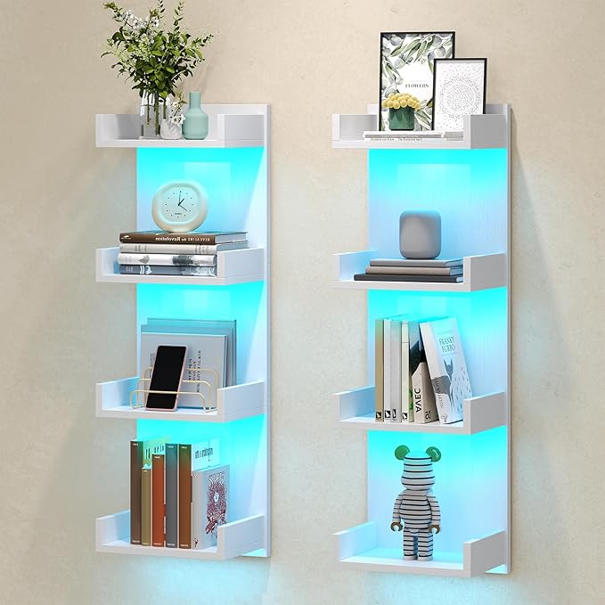 HOOBRO Floating Wall Shelves with LED Lights, Floating Shelf Wall Mounted for Storage, Vertical Display Stand, Modern Column Rack, for Bedroom, Livingroom, 4-Tier, 35.8 Inches, White, WT41DBJ01