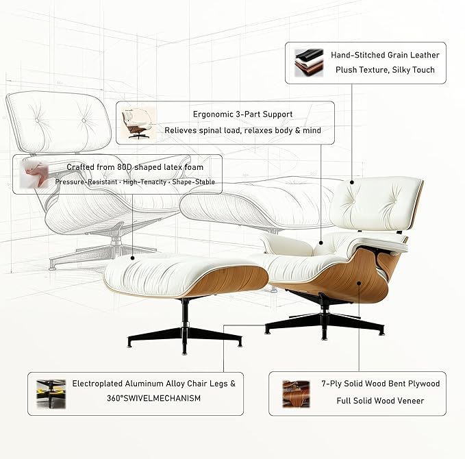 Mid Century Chaise Lounge Chair with Ottoman, Modern Retro Classic Design, PU Leather & Walnut Wood, Heavy Duty Metal Support, Comfortable for Living Room Bedroom Office（White-Standard）