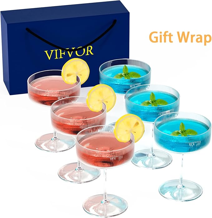 6 Pcs Ribbed Coupe Cocktail Glasses, 10 oz Classic Old Styling Martini Glass Set with Gift Box Packaging Elegant Hand Blown Manhattan Goblet for Cocktail, Champagne, Bar and Gift (6)