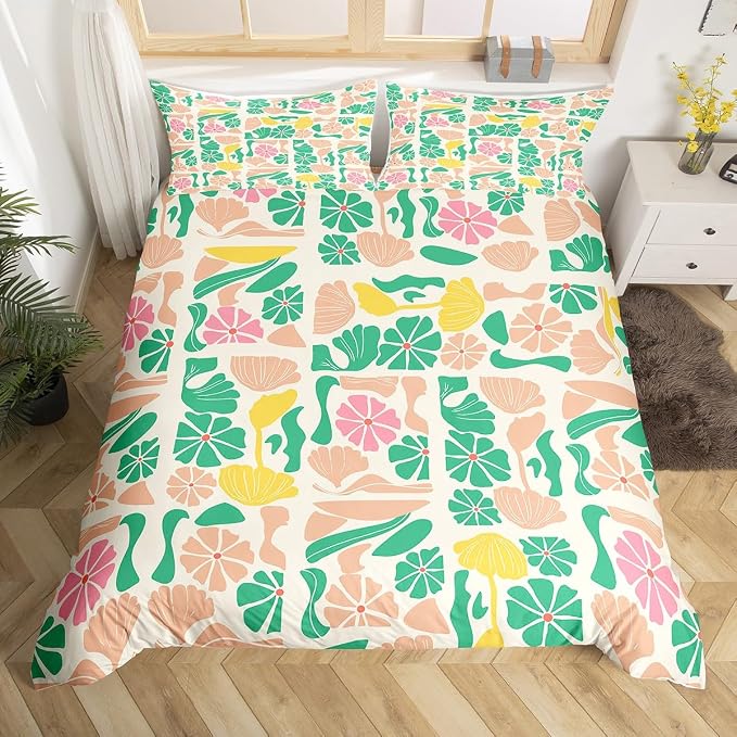 Erosebridal Boho Abstract Colorful Floral Duvet Cover Twin Vintage Retro Patchwork Pink Green Bedding Set Flower Botanical Geometric Comforter Cover for Kids Adults,Aesthetic Groovy Bed Set
