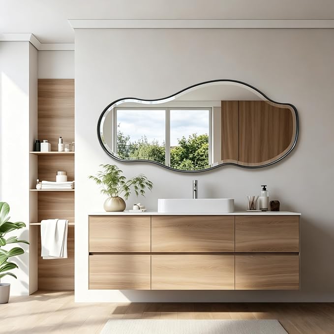 POZINO Large Irregular Beveled Mirror, 53"x24" Asymmetrical Vanity Wall Mirror with Metal Frame, Organic Shape Mirrors for Entryway Living Room Bedroom Bathroom, Horizontal/Vertical Hanging