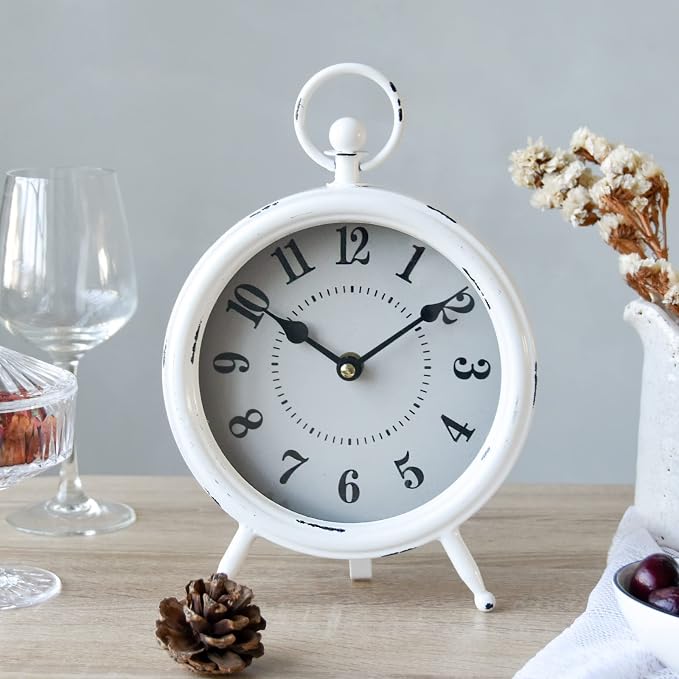 EMAX HOME Vintage Rustic White Table Clock on Stand, Decorative Desk & Shelf Clock, Rustic Mantel Farmhouse Non-Ticking