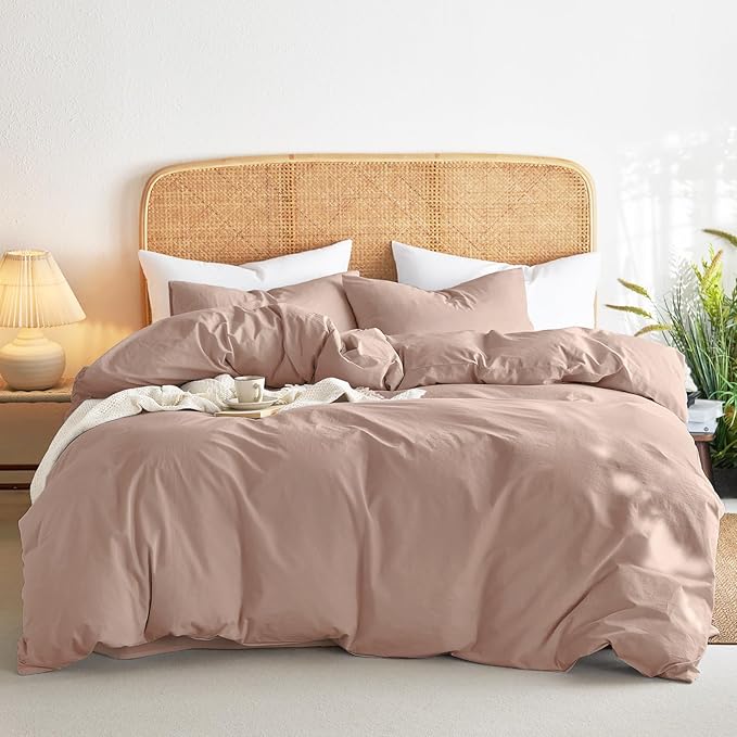 Wake In Cloud - Cotton Duvet Cover Set, 100% Washed Cotton, Linen Like Textured, Breathable Durable Comfy Farmhouse Neutral Bedding Set, 3 Pieces, Dusty Pink, King Size