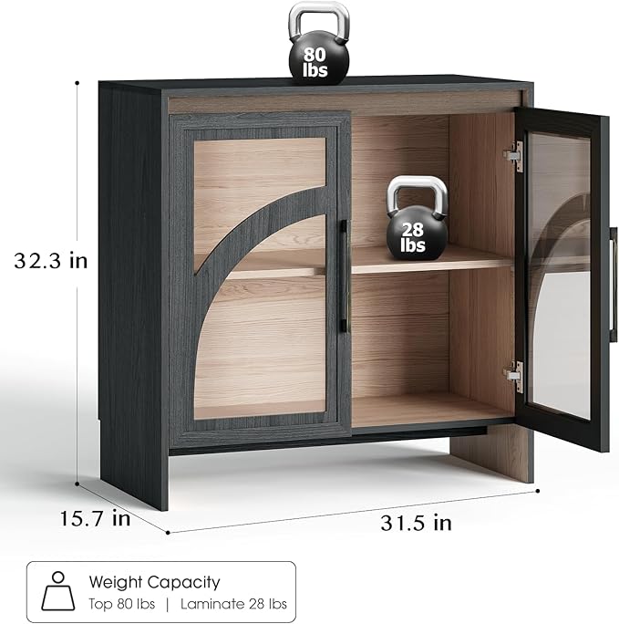 Accent Cabinet with Arched Glass Doors, 31.5” Modern Sideboard Buffet Cabinet with Adjustable Shelves, Storage Cabinet for Living Room, Entryway, Dining Room, Coffee Bar, Black & Oak