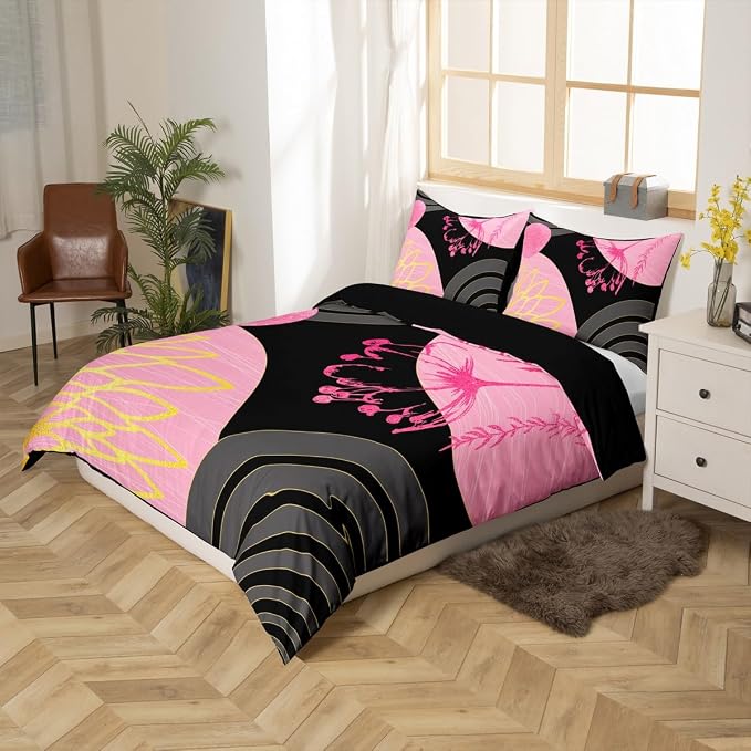 Erosebridal Boho Mid Century Duvet Cover Full Size for Women Men Adults |Pink and Black Modern Comforter Cover Minimalist Geometric Bedding Set Aesthetic Modern Abstract Bed Set