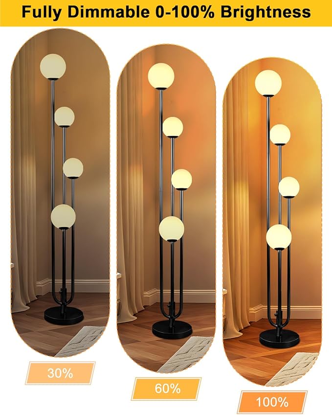63IN 4-Light Dimmable Floor Lamp, Unique Black Tall Standing Lamps with Globe Shade &3000K G9 Bulbs for Reading, Mid Century Modern Floor Lamp for Living Room Bedroom Office