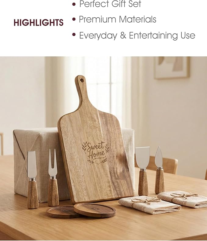 Charcuterie Board Gift Set, 9-Piece Acacia Wood Cheese Board with Knife Set, Elegant Serving Tray with Accessories, Gift Ready for Couples, Housewarming & Wedding