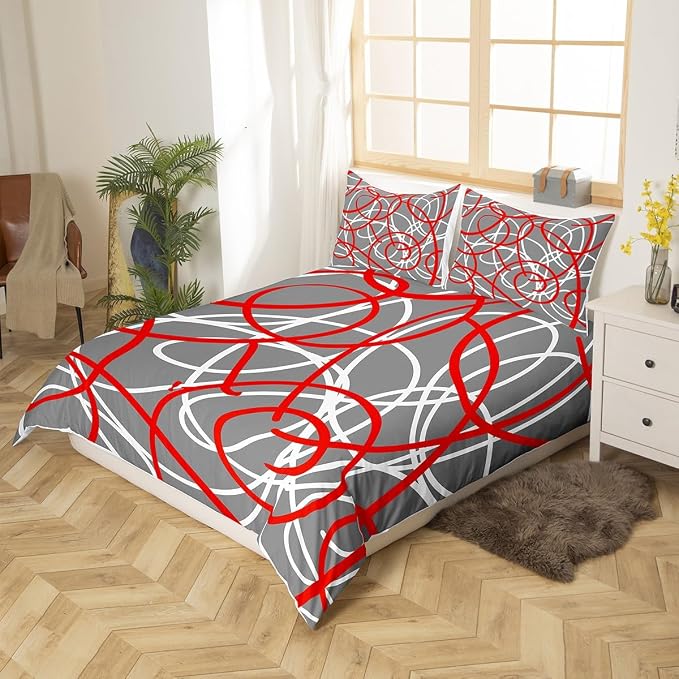 Feelyou Geometric Comforter Cover Stripe Line Bedding Set Red Grey White Duvet Cover for Kids Boys Girls Modern Retro Swirl Microfiber Bedspread Cover Luxury Full Size (No Comforter)