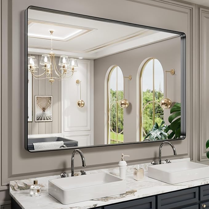 LOAAO 60X40 Inch Black Metal Framed Bathroom Mirror for Wall, Matte Black Bathroom Vanity Mirror Farmhouse, Large Rounded Rectangle Mirror, Anti-Rust, Tempered Glass, Hangs Horizontally or Vertically