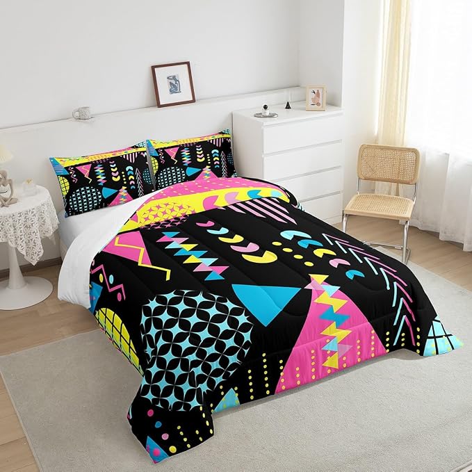 Manfei Memphis Comforter Set King Size, Retro 80s 90s Fashion Style Bedding Set 3pcs for Kids Boys Girls, Colorful Geometric Abstract Quilt Set Soft Polyester Duvet Set with 2 Pillowcases