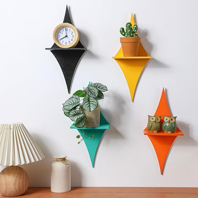 Threehoney Mid-Century Modern Wall Set of 4 Colorful Floating Display Shelves Retro Style Starburst Wall Mounted Shelves Storage for Bedroom, Living Room Decor(Rhombus)