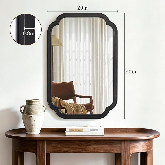 HOMECOOKIN Wood Bathroom Mirror for Wall Decor Arched Rounded Corner Rustic Wood Frame Wall Mirror Home Decorative for Vanity, Living Room, Bedroom, Entryway (20 x 30 inch, Black)