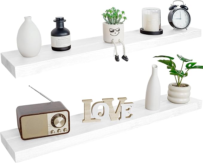 BGMG Wood Floating Shelves for Wall 60 inch Set of 2,White Floating Shelves,Solid Wood Wall Mount Shelves for Bathroom Living Room Bedroom Kitchen Farmhouse -60x6.7x1.75 inch
