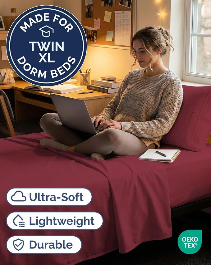 Twin XL Size 3 Piece Sheet Set - Comfy Breathable & Cooling Sheets - Hotel Luxury Bed Sheets for Women & Men - Deep Pockets, Easy-Fit, Soft and Wrinkle Free Sheets - Burgundy Oeko-Tex Bed Sheet Set