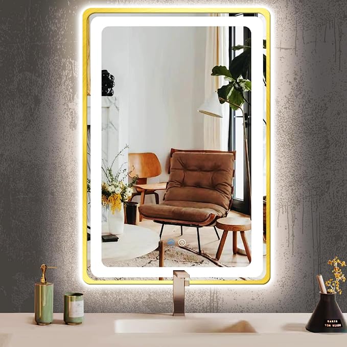 16 x 24 Inch Bathroom Gold Vanity Mirror with Lights Gold Frame Lighted Mirror for Bathroom Wall Tabletop Makeup Mirror with Lights AntiFog 3 Color Dimmable Gold Framed Smart Light up Mirror
