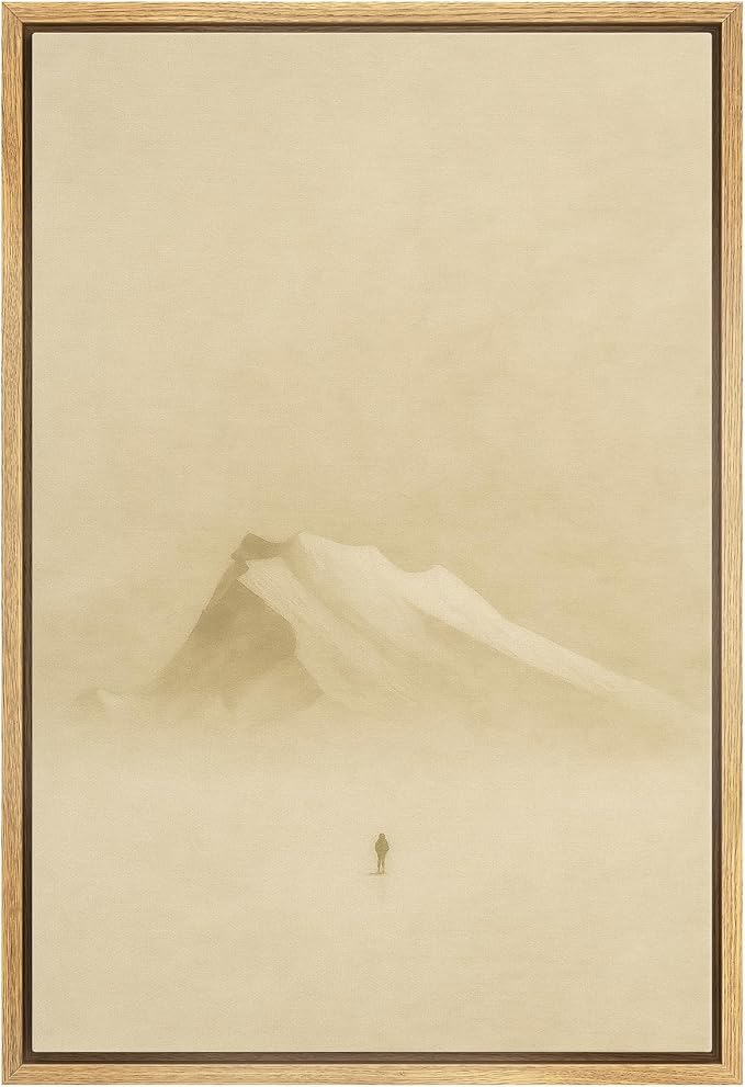 MUDECOR Framed Canvas Print Wall Art Solitary Traveler in Misty Mountains Minimalist Winter Landscape Illustrations Minimalism Decorative Zen for Living Room, Bedroom, Office - 24"x36" NATURAL