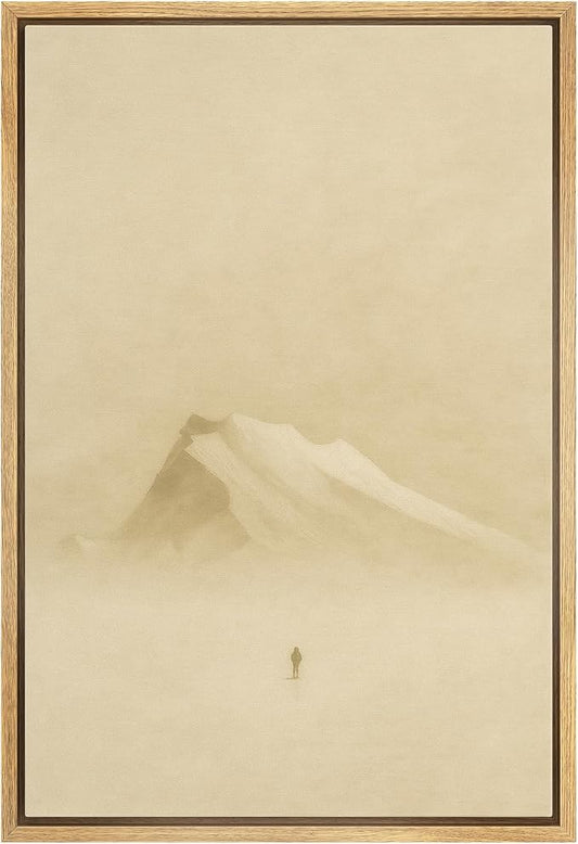 MUDECOR Framed Canvas Print Wall Art Solitary Traveler in Misty Mountains Minimalist Winter Landscape Illustrations Minimalism Decorative Zen for Living Room, Bedroom, Office - 24"x36" NATURAL