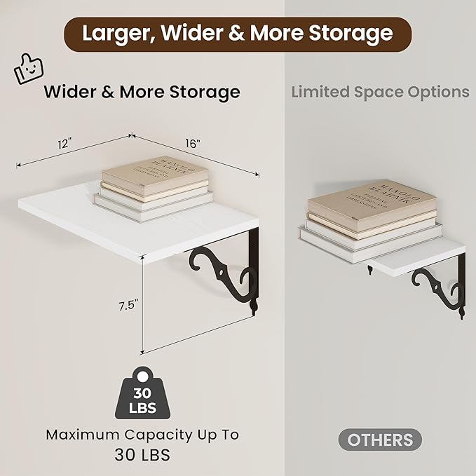 RICHFOCUS 12 Inch Deep Floating Shelves for Wall, 16" W x 12" D Wood Wall Shelves Set of 2, Wide Floating Shelves for Living Room, Bedroom, Kitchen, Bathroom and Decor Storage, White