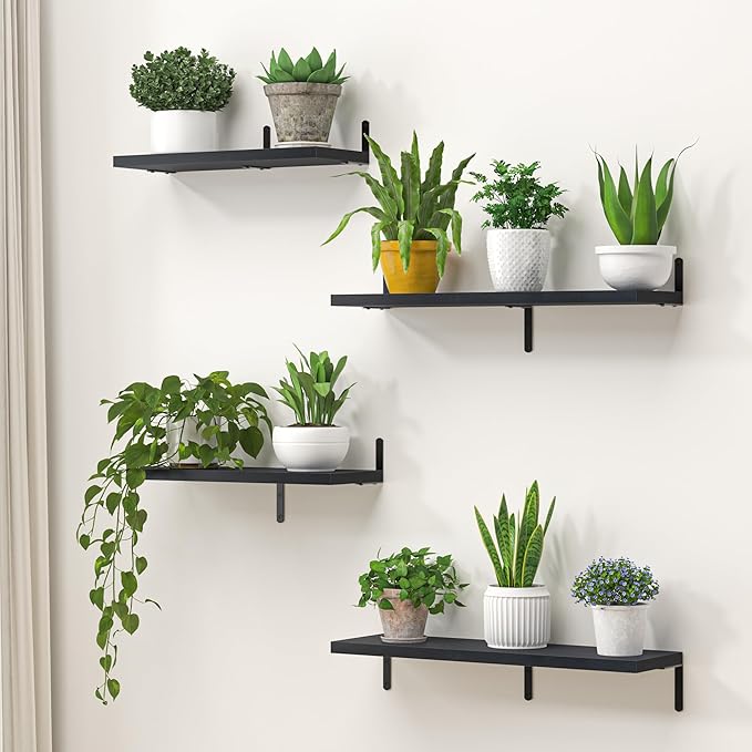Marsmiles Extra Wide Floating Shelves for Wall, 16x8 Inch Natural Wood Grain Bookshelves, Heavy Duty Mounted Shelving for Bathroom, Kitchen, Living Room, Bedroom,Set of 8，Black