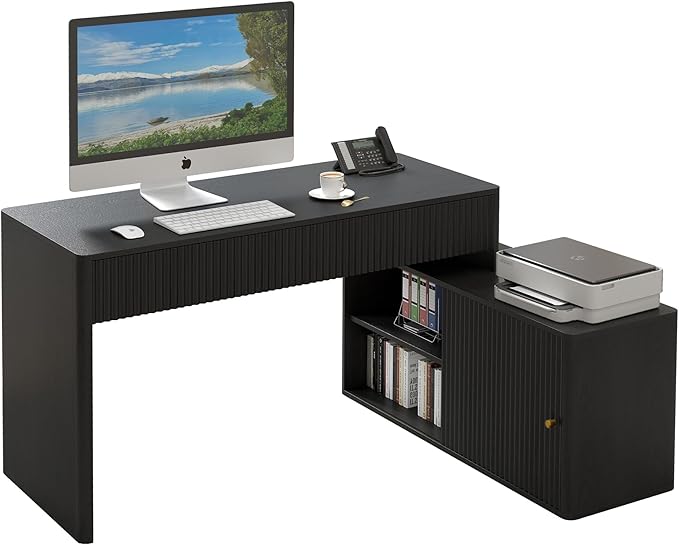 Modern Computer PC Desk Table with Storage, Corner L Shaped Desk with Drawers, Home Office Desk for Bedroom and Small Space, for Writing, Executive, Study, Work, Vanity - Black