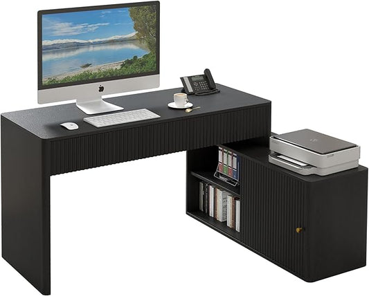 Modern Computer PC Desk Table with Storage, Corner L Shaped Desk with Drawers, Home Office Desk for Bedroom and Small Space, for Writing, Executive, Study, Work, Vanity - Black